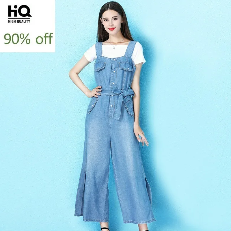 

High Quality Womens Sleeveless Suspender Silk Denim Jumpsuits Summer Pockets Sashes Side Split Female Straight Wide Leg Pants