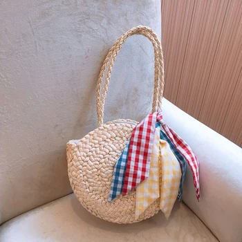 

Bohemian Scarves Round Women Shoulder Bags Handmade Straw Women Handbags Rattan Woven Ladies Hand Bags Summer Beach Women's Bag