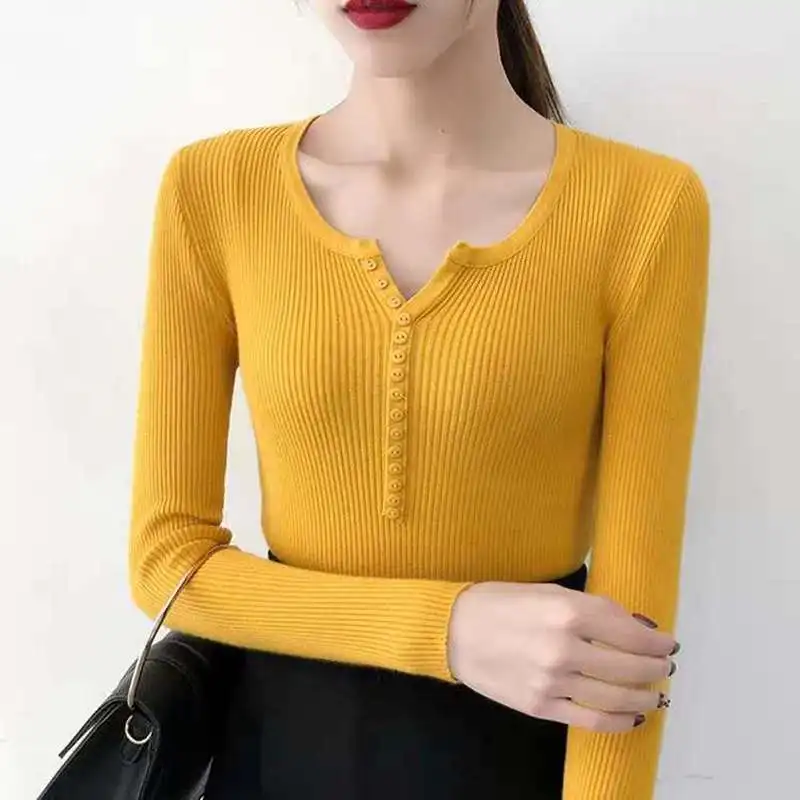 

New Korean Women Full Sleeve Button V-Neck Sweater Pullovers Fashion Slim Fit Knitted Solid Color Elastic Autumn Sweater Jumpers