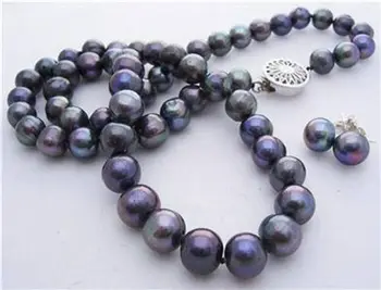 

free P&P****8-9mm Natural Black Akoya Cultured Pearl Necklace Earrings 18" Hand Knotted