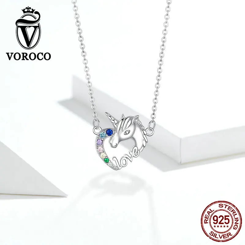 Voroco настоящий 925 пробы серебряный кулон ожерелье Lucky Love Единорог сердце короткое ожерелье чокер для женщин Трендовое ювелирное изделие BKN348