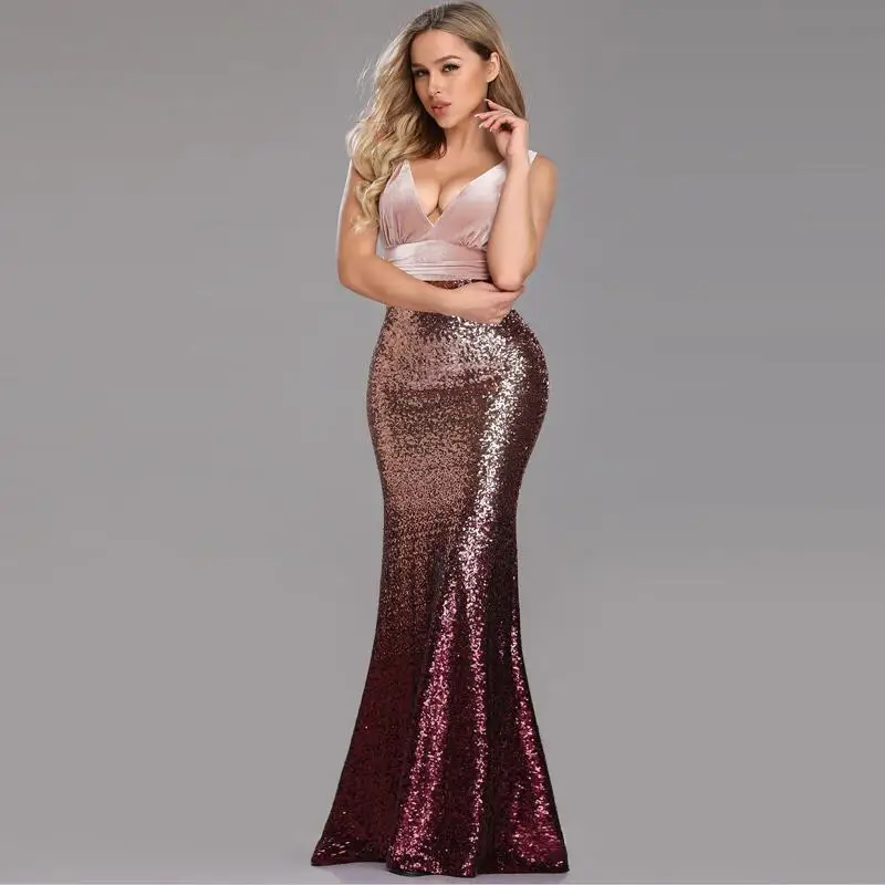 Pink Robe De Soiree New Sexy V-neck Sleeveless Mermaid Burgundy Long Dresses Elegant Abendkleider - Color: Pink