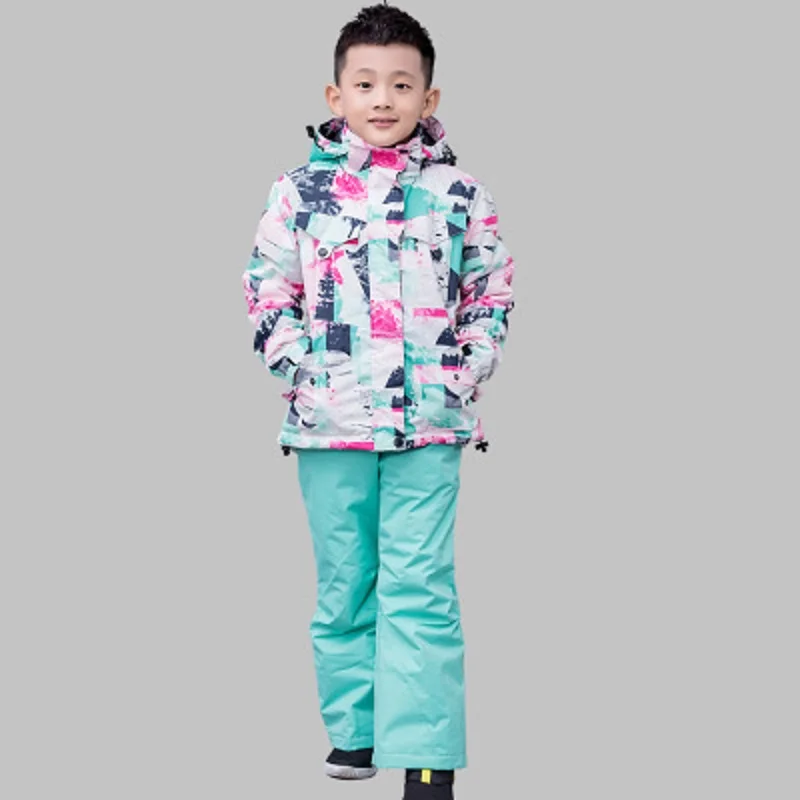 Детский лыжный костюм с цветочным принтом; Водонепроницаемая теплая зимняя куртка и штаны для мальчиков и девочек; зимняя одежда для катания на лыжах и сноуборде - Цвет: AS PICTURE