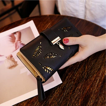 

Women Wallet PU Leather Purse Female Long Wallet Gold Hollow Leaves Pouch Handbag For Women Coin Purse Card Holders Clutch