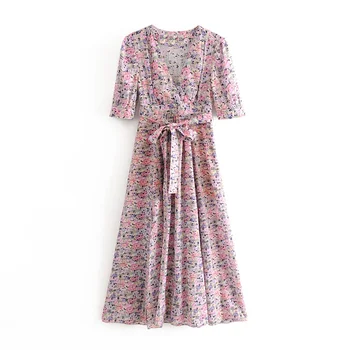 

2020 summer women's new V-neck short-sleeved floral with waistband side split lining bohemian high waist long dress