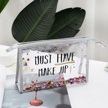 

New Fashion Transparent Makeup Bag PVC Letters Sequins Cosmetic Toiletry Travel Waterproof Wash Toothbrush Pouch Organizer Bag