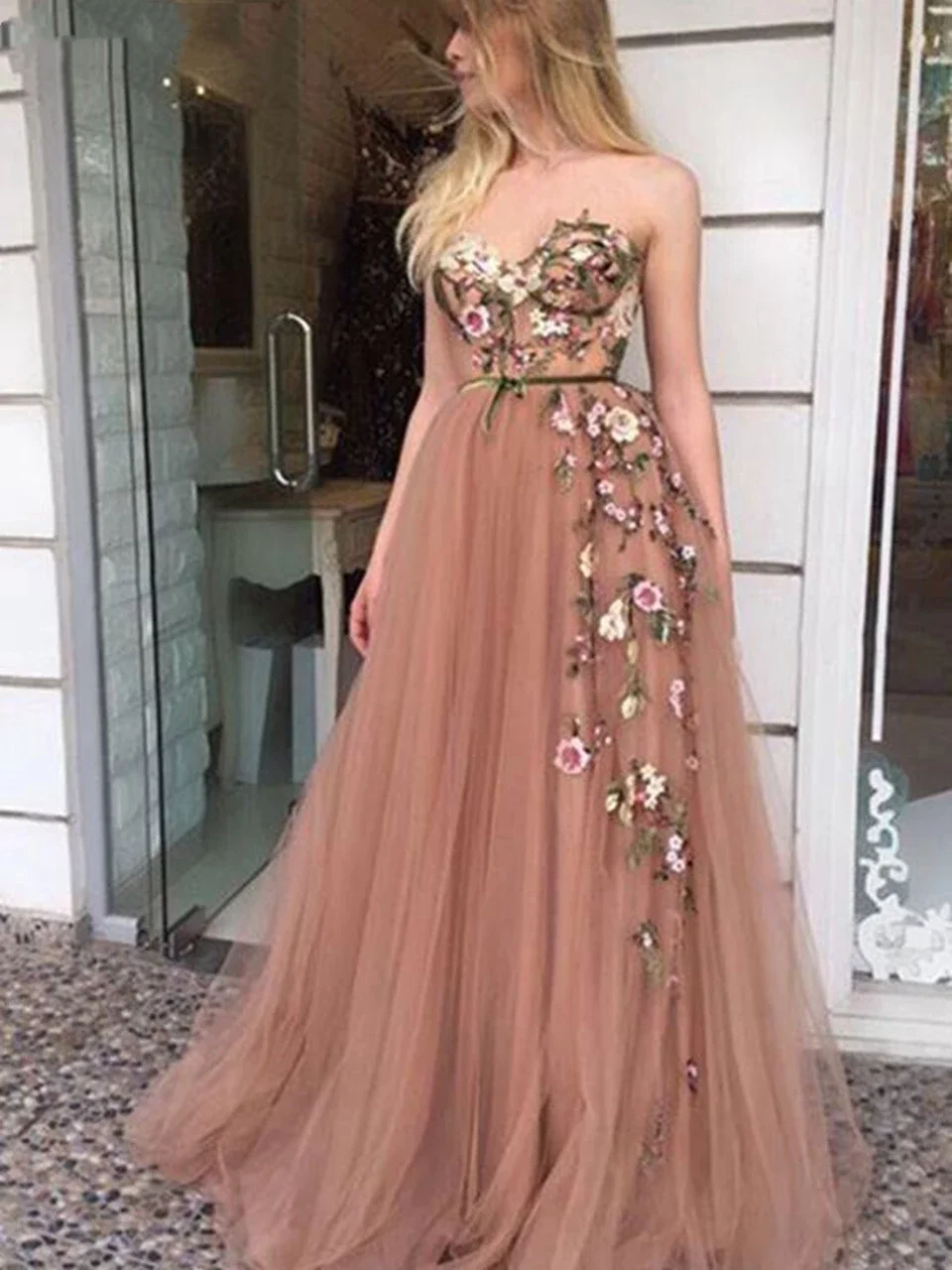 Vestido De fiesta largo De tul con apliques mujer, vestido De noche elegante, color rosa, 2021|Vestidos de noche| - AliExpress