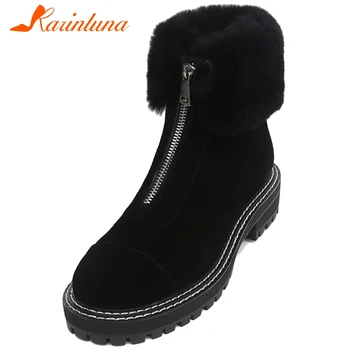 

Karinluna High Quality Cow Suede 2020 Add Fur Winter Boots Woman Shoes Chunky Heels Platform Casual Shoes Women Boots