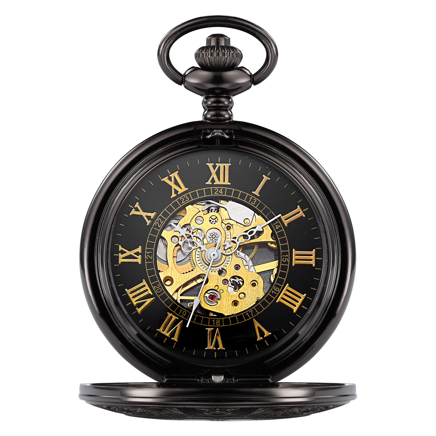 Retro Roman Numerals Hand Wind Mechanical Pocket Watch FOB Chain Steampunk Skeleton Hollow Case Vintage Pendant Necklace Men