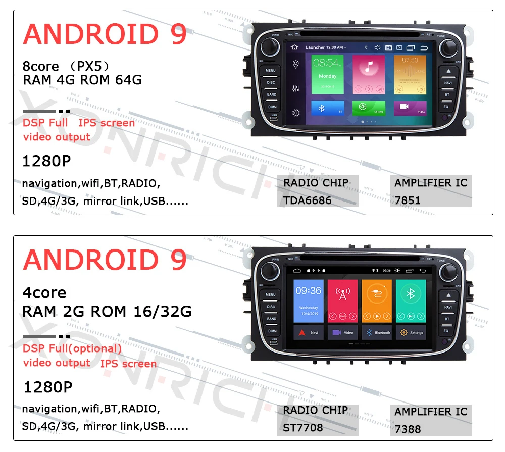 4GB2 din Android 9 Автомобильная магнитола мультимедиа для Ford Focus 2 3 mk2 Mondeo 4 Kuga Fiesta TransitConnect S-MAXC-MAX 8 ядерный ips DSP 64G