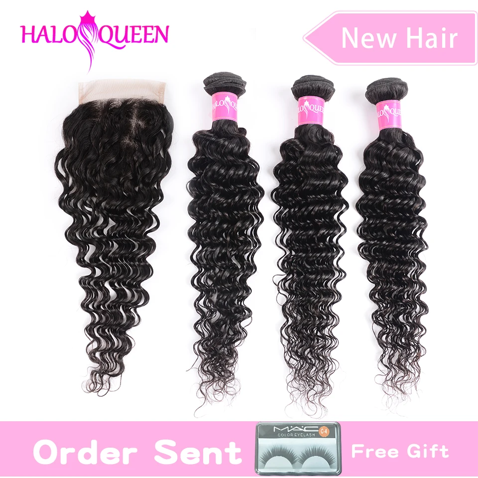 

HALOQUEEN Deep Wave Bundles With Closure Human Hair Bundles With Closure Hair Extension Peruvian Hair 3 Bundles with Closure