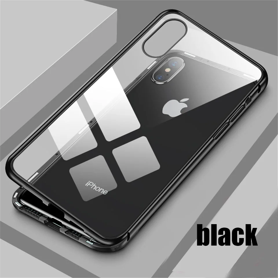 black Чехол из закаленного стекла с магнитной адсорбцией для iPhone 11 Pro X XR XS Max металлический противоударный чехол для iPhone 6 6S 7 8 plus задняя крышка - Цвет: black