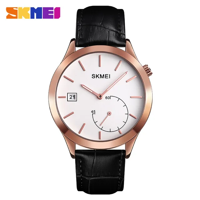 Rose Gold Black SKMEI Модные кварцевые часы для мужчин бизнес часы Лидирующий бренд 30 м водонепроницаемые мужские часы с кожаным ремешком часы Relogio Masculino 1581 - Цвет: Rose Gold Black