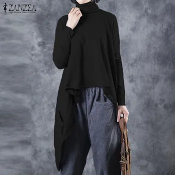 

Vintage Women's Turtleneck Shirts ZANZEA 2020 Asymmetrical Blouse Fashion Long Sleeve Tops Female Solid Tunic Plus Size Top 5XL