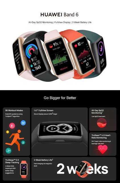  HUAWEI Band 6 Fitness Tracker Smartwatch para hombres y  mujeres, pantalla a color AMOLED de 1.47 pulgadas, SpO2, monitor de  frecuencia cardíaca 24H, duración de la batería de 14 días, rastreador