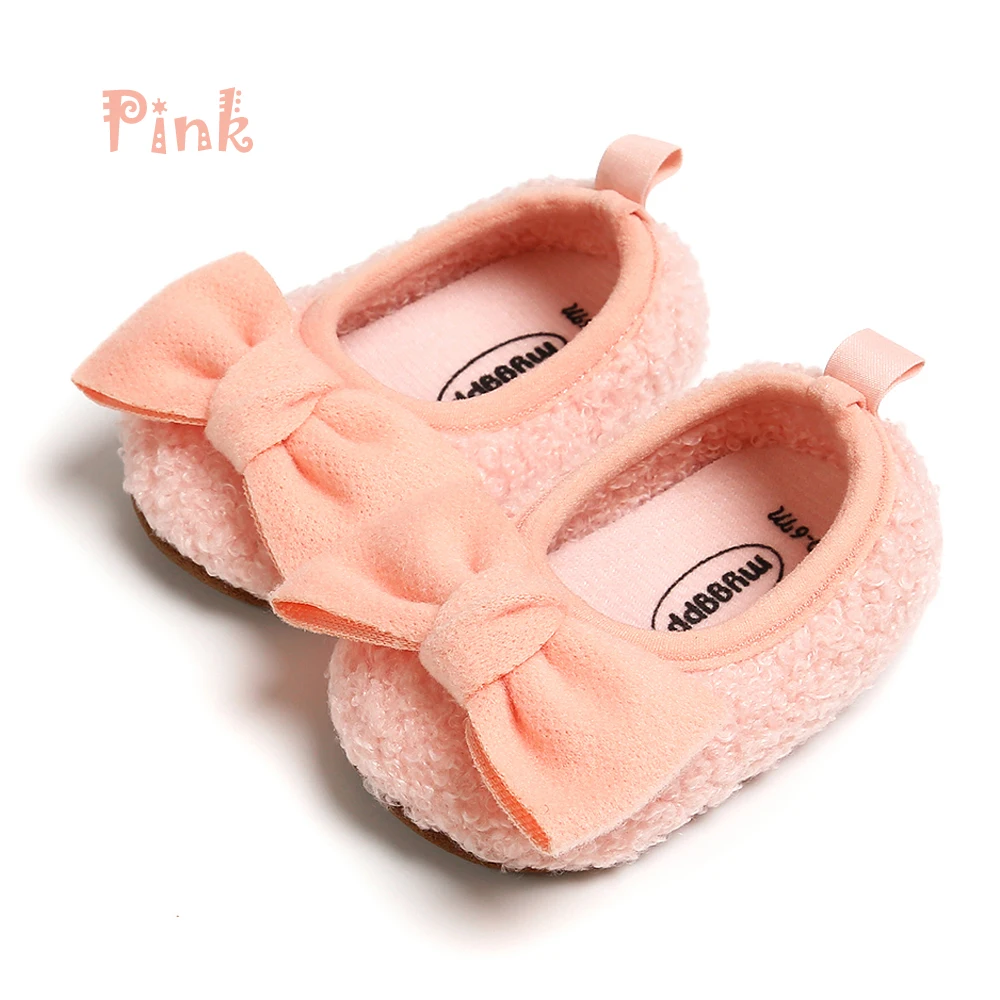 Тапочки принцессы с бантом для новорожденных девочек; обувь с круглым носком; детская флисовая обувь