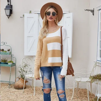 

Women Fashion Knitted Stripe Sweater Loose O-Neck Pullover Jumpers Stylish Tops for Female Autumn Winter Female Sweaters