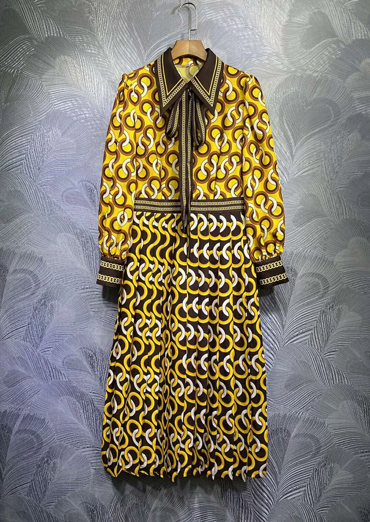 SEQINYY Yellow Midi Dress 2020 Early Autumn Spring New Fashion Design Women Long Sleeve Vintage Print Shirt Dress Casual