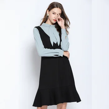 

2019 Autumn Fashion Elegant Midi Dress Autumn bow collar ruffled Contrast Color cultivated work A-line dress vestidos 5XL XXXXXL
