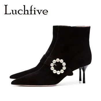 

Pearl Buckle Strap Ankle Boots Elegant Black Real Suede Leather Winter Business Shoes Women Pointed Toe High Heel Ladies Boots