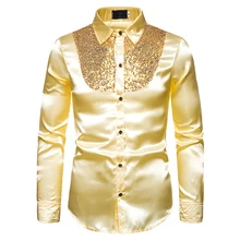 Мужская рубашка с блестками платье рубашки с длинными рукавами из сатина блестящий диско вечерние рубашки мужская сорочка сценический танец ночной клуб Выпускной костюм D30