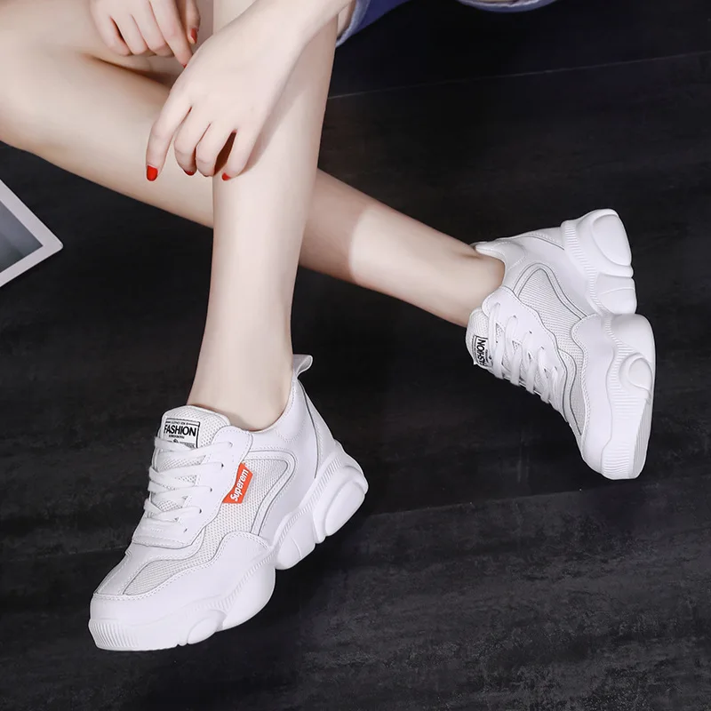 

L1918 Women's Slanted Heel Gauze Dad Shoes Thick Bottomed Platform Heel Small White Shoes Students Casual Sports Shoes Bear Shoe