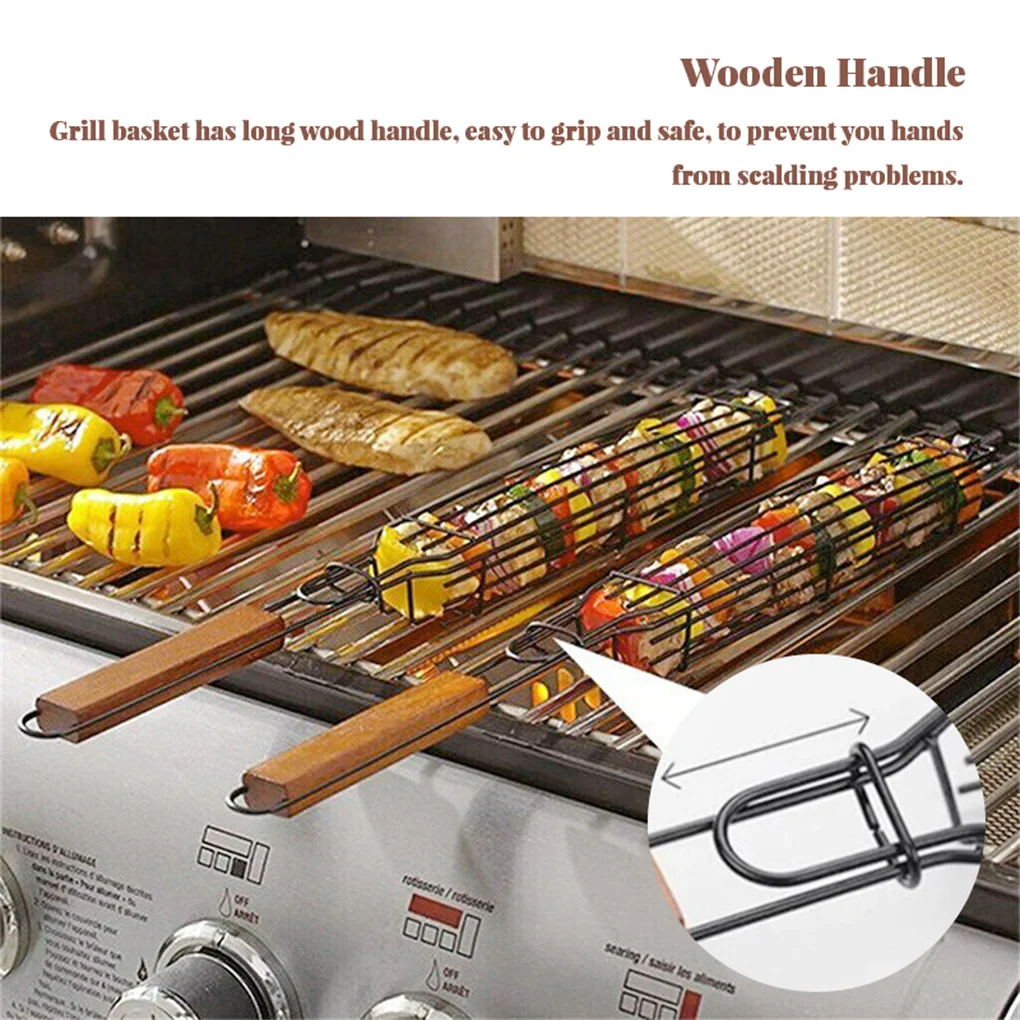 Steel Reusable Grilling Basket BBQ Grill Rack Heavy Duty Barbecue Meat Holder Stick Camping Picnic Accessories Tool