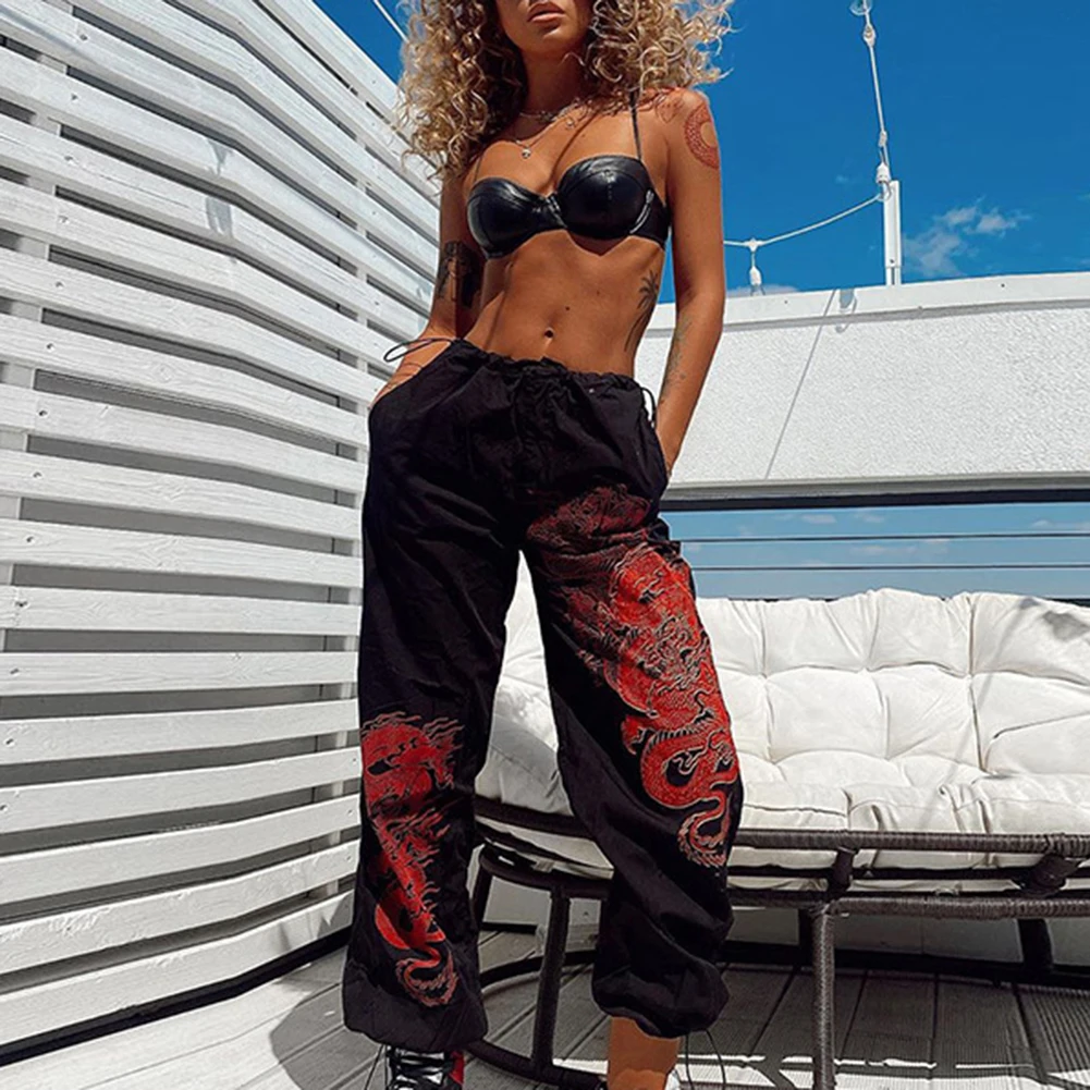Autumn winter Streetwear Dragon Print Loose Sweatpants Women Drawstring Trousers Chinese Style Hip Hop High Waist Capri Pants Autumn winter Streetwear Dragon Print Loose Sweatpants Women Drawstring Trousers Chinese Style Hip Hop High Waist Capri Pants