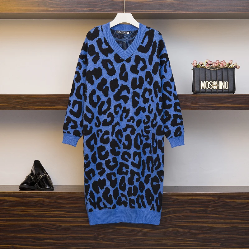 Платье с v-образным вырезом Новинка Зима Большой размер женский модный вязаный свитер свободное леопардовое платье Vestido