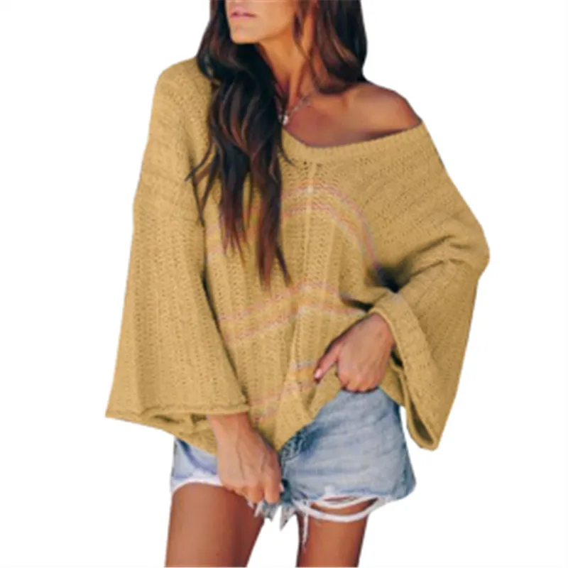 

2020 Autumn and Winter New Fashion Striped Yellow Sweater Flared Sleeves V-neck Knitted Pullover Women's Pullover Ladies