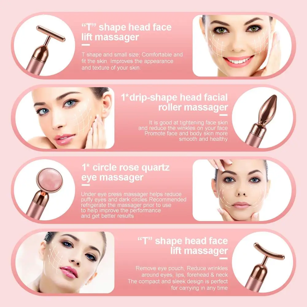 Facial Massager Face Slimming Massager 4 in 1 Vibrating Rose Quartz Roller Face Roller Eye Massager Jade T/V Shaped Face Lifting Slimming Beauty Care Massager