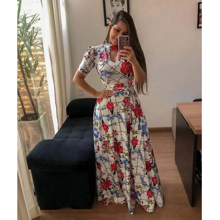 Women Summer Dress Casual Short Sleeve Long Dress Boho Floral Print Maxi Dress Turtleneck Bandage Elegant Dresses Vestido