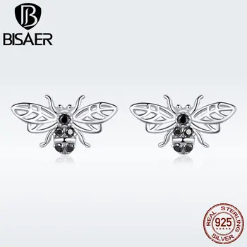 

black bee earrings bisaer 100% 925 Sterling silver Lovely bees stud earrings women fashion silver jewelry ECE846