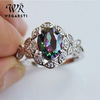 

WEGERSTI 925 Silver Jewelry Seven Rainbow Zircon Ring Originality Gradual Change Color Hollow Out Butterfly Support Palmer Stone