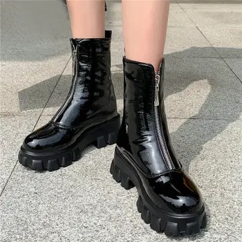 comprar Nova Goth Tênis Feminino Couro De Patente Salto Alto Frente Zip Militar Equitação Botas Plataforma Alta Superior Oxfords Dedo Do Pé Redondo Bombas Festa