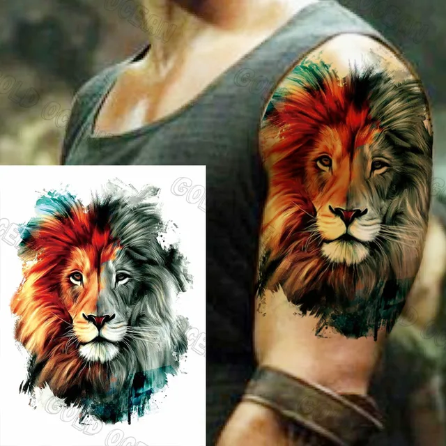 Tatouage temporaire Lion aquarelle 3D grande taille pour hommes adultes, tigre réaliste, autocollant de transfert, Art corporel 3
