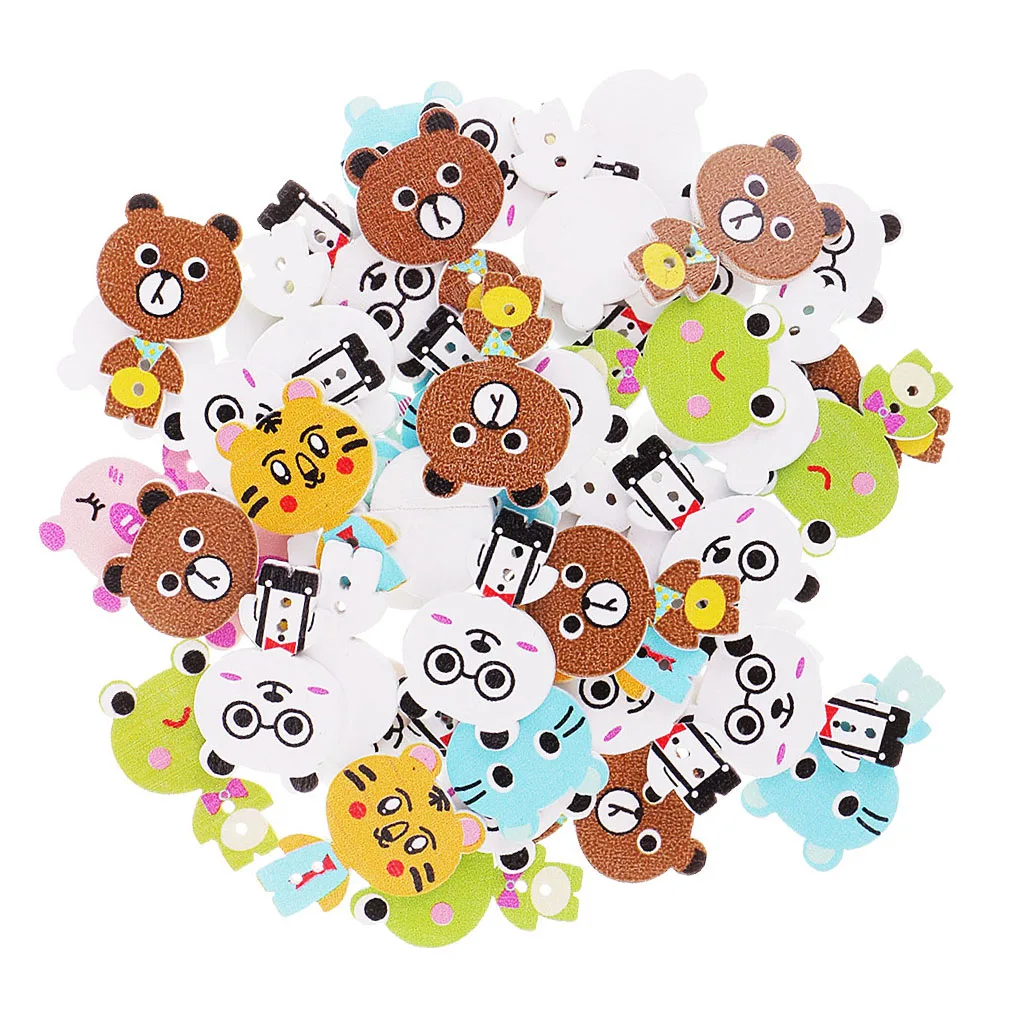 50 Pieces Lovely Cartoon Animal Wood Sewing Buttons 2 Holes For Scrapbook Crafts