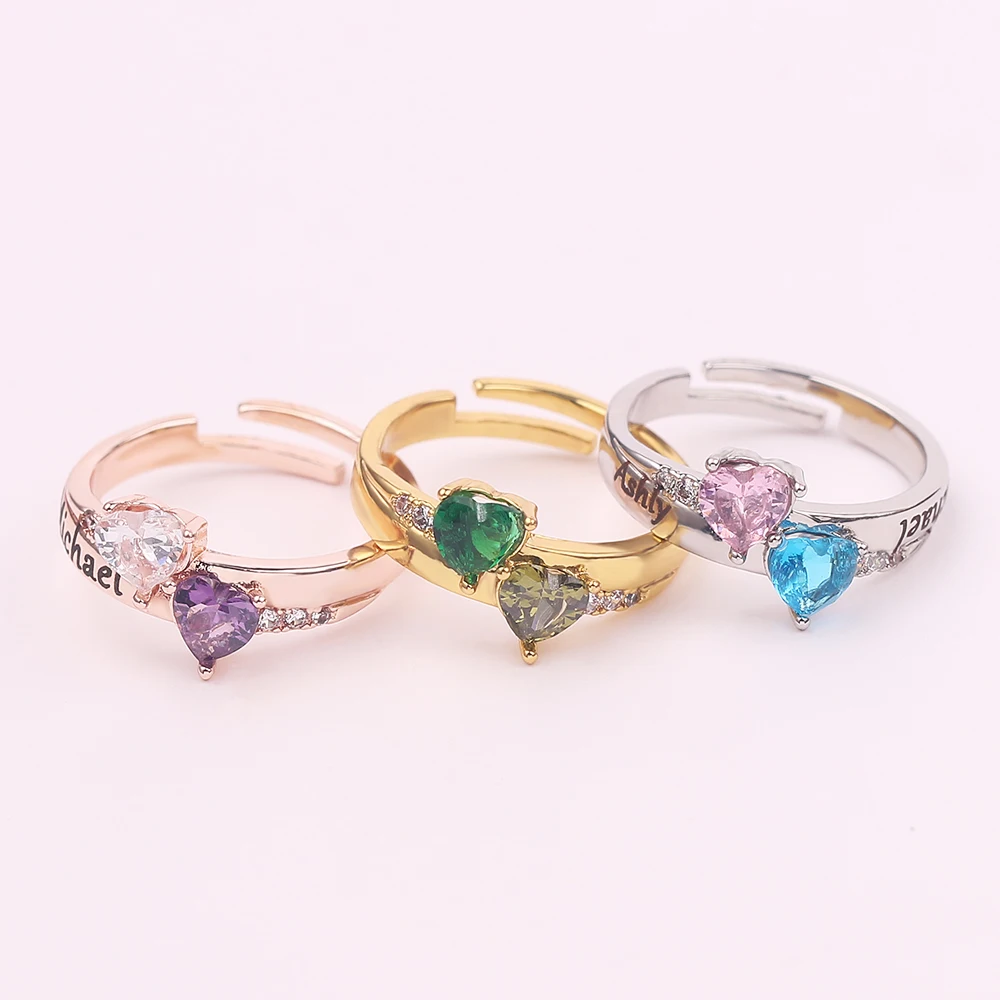 

Personalized Engraved Double Crystal Birthstone Rings Custom Name Date Words Bow Square Copper Ring Valentine Birthday Gifts