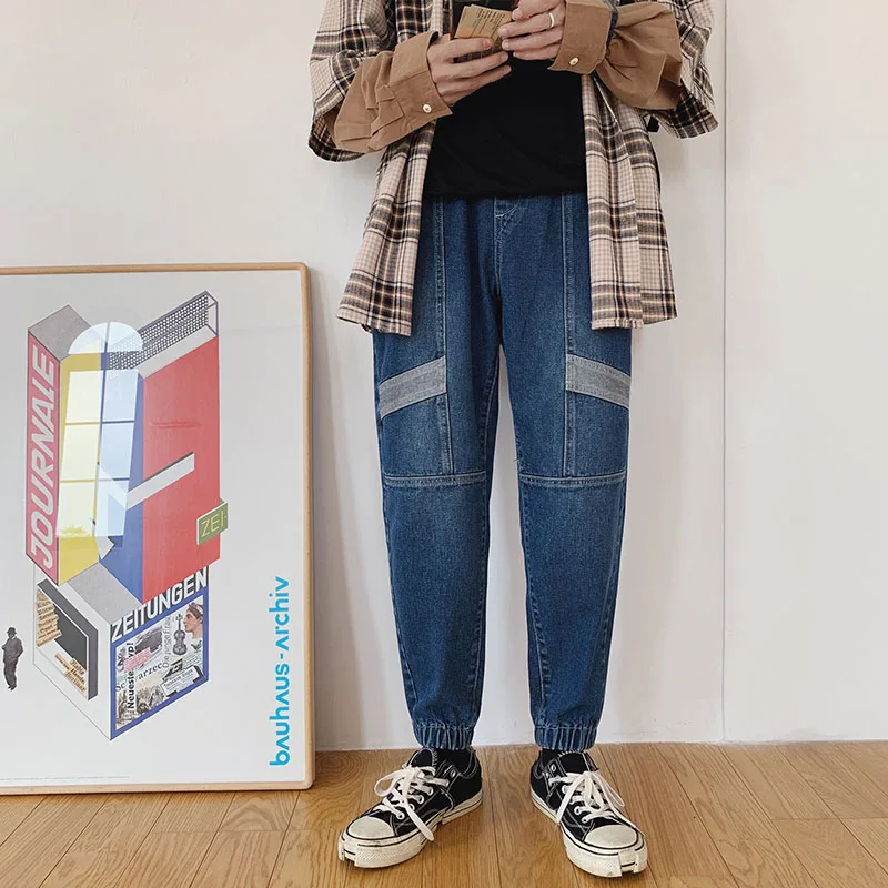 Негабаритных мужские джинсы штаны Harajuku шик лоскутное Эластичный шнурок на талии свободные длинные джинсовые брюки мужские джинсы мода
