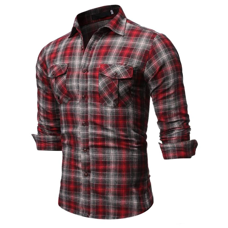 Camisa de manga larga con dos bolsillos para hombre, camisa informal a cuadros para hombre, blusa solapa, color rojo oscuro, talla grande| Camisas informales| - AliExpress