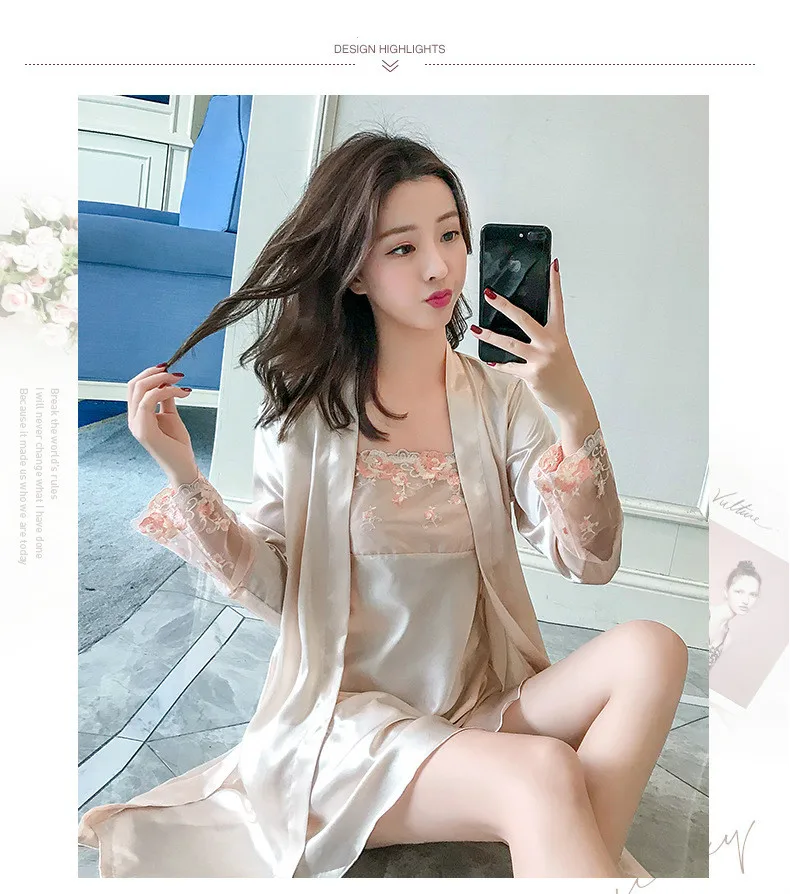 Casual Floral Mini Twinset Robe Set Faux Slik High Quality Sleepwear Purple Sexy Lace 2PCS Spaghetti Strap Nightdress M-2XL
