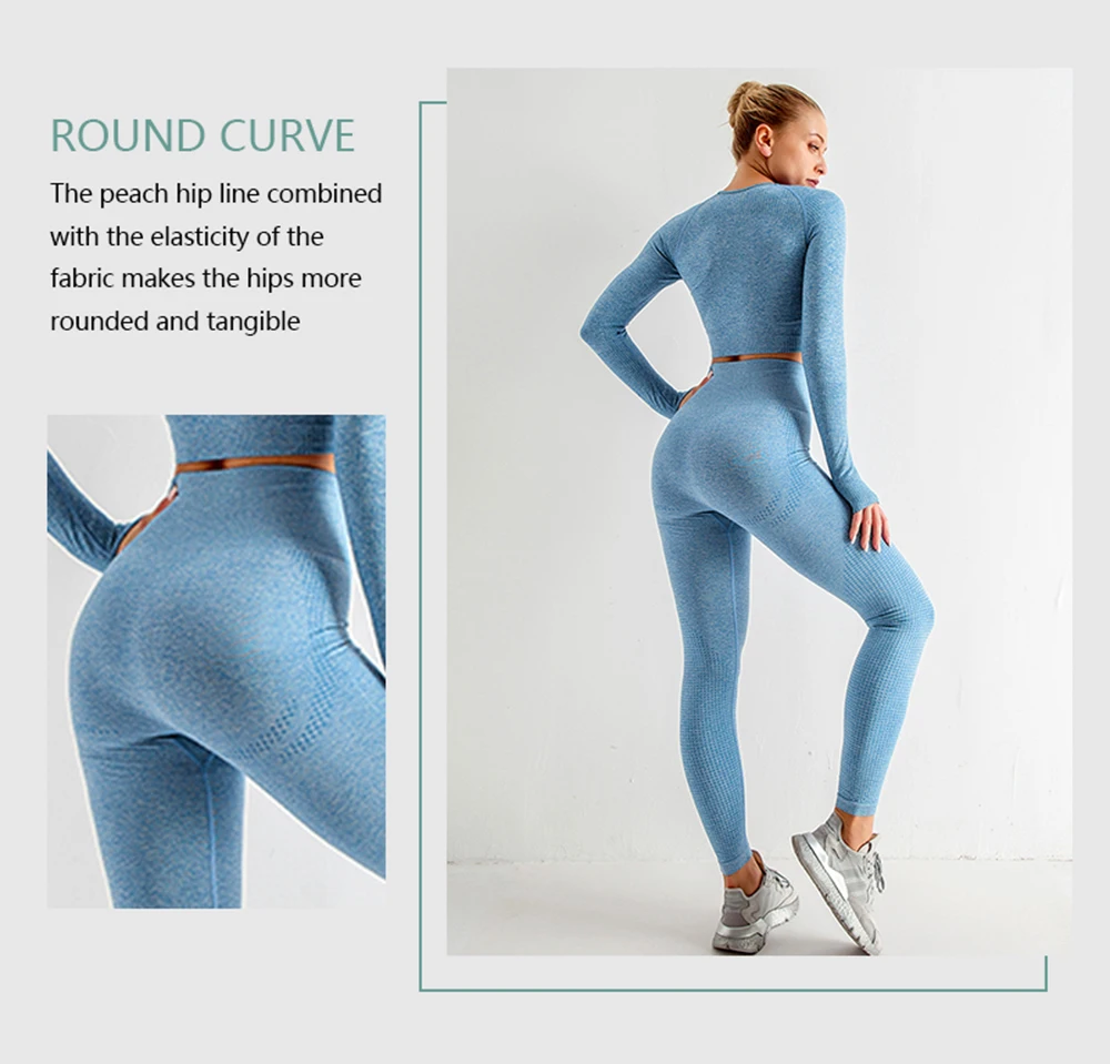 seamless set of female yoga workout clothes gym fitness long sleeve crop top high waist leggings sports suits