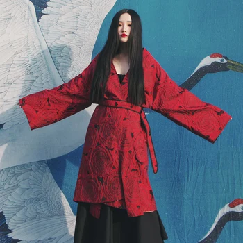 

2020 Woman Japanese Kimono flowers blooming Print Irregular yukata jacket Double side long Coat