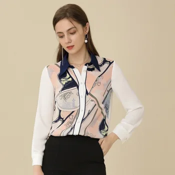 

2020 autumn women's fashion contrast color long-sleeved top OL temperament all-match printed collar blouse