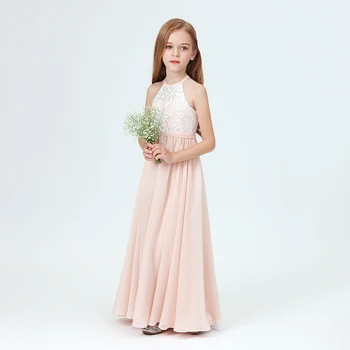 

New Girls Lace Bridesmaid Dresses For Wedding Pleated Floor Length Girl Beach Wedding Guest Party Princess Gowns Long Prom Dress