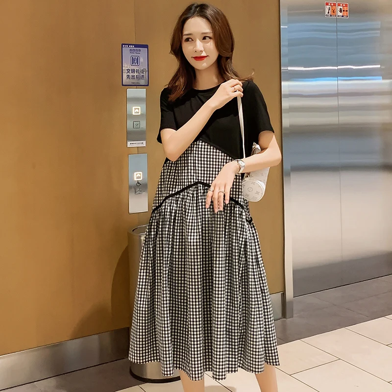 

7016# 2021 Summer Korean Fashion Maternity Long Dress Plaid Patchwork Loose Clothes for Pregnant Women Pregnancy Casual Wear