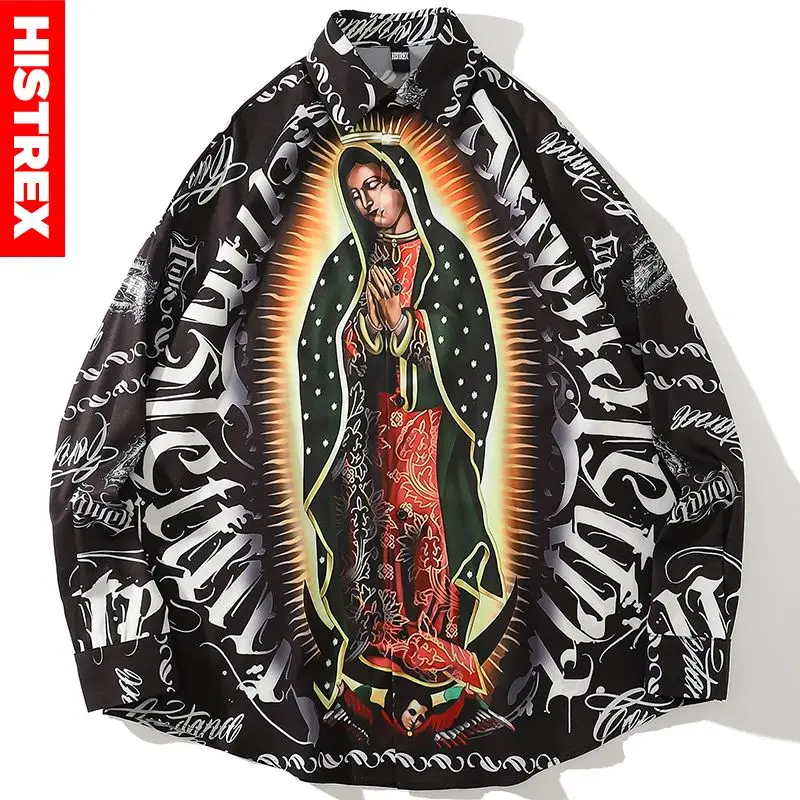 

HISTREX Virgin maria Praying Shirts For Men Button Up Harajuku Hawaiian Streetwear Summer Clothing Male Men's Shirts 3CLV1#