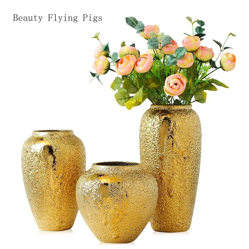 Modern light luxury home TV cabinet wine cabinet decoration ceramic vase flower insert creative art gold plating display stand