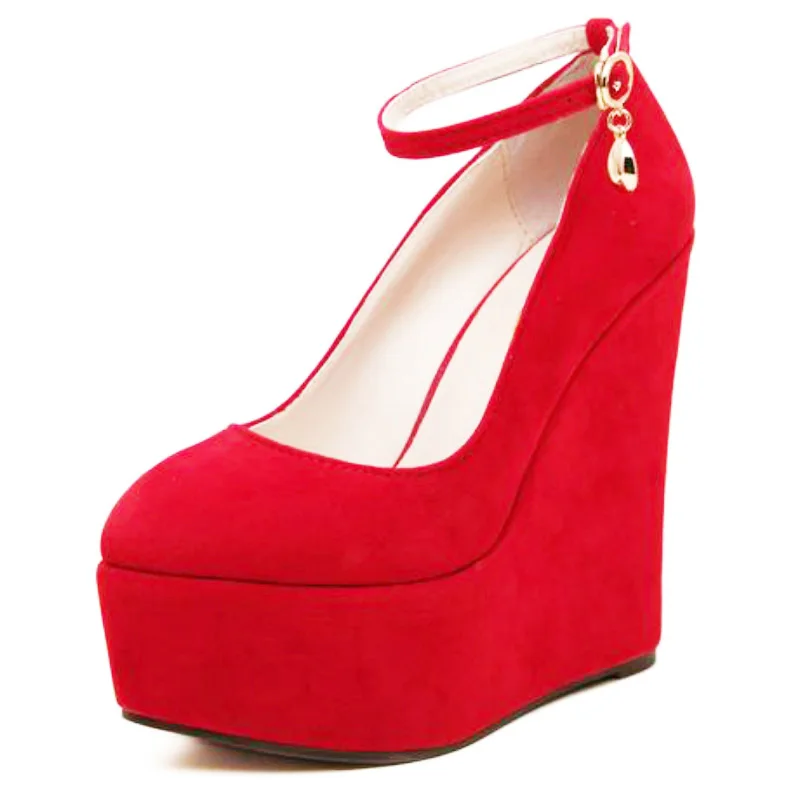 Flock wedges pumps large size female Custom high heels bride wedding shoes woman platform ankle strap party pumps women WSH2594 2