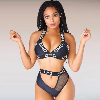 

Patchwork Mesh Hollow Sexy Bikini Set Letter Bandage Cross Push Pu Pad Thong Biquini New Women Bathing Suits Swimsuit Swimwear